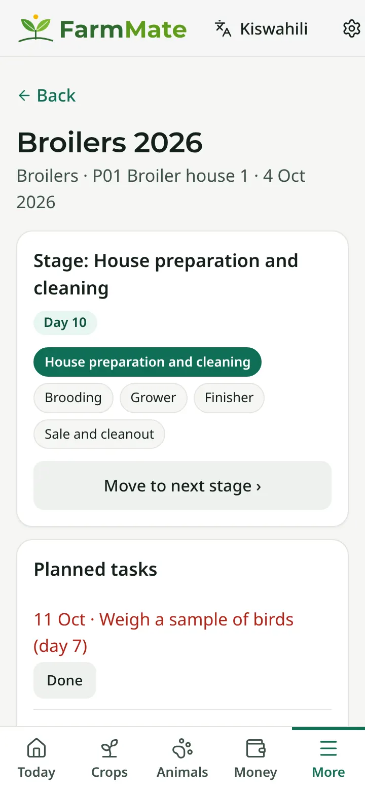 FarmMate app screenshot: Batch with checklist