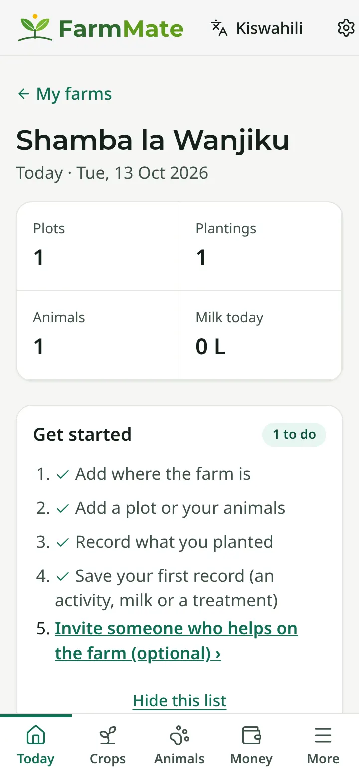 FarmMate app screenshot: Today screen